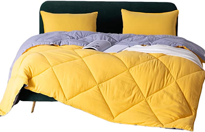 KASENTEX 2-Tone Reversible Comforter Set with Plush Down Alternative Filling - Fluffy, Hypoallergenic and Machine Washable, Queen, Mimosa Yellow/Victorian Silver