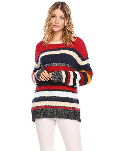 Hufcor Women's Soft Stripe Mohair Jersey Sweater Loose O-Neck Long Sleeve Pullover Sweater(S-XXL)