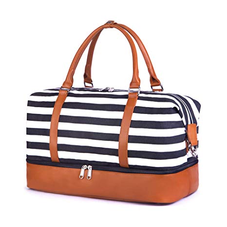 SUVOM Women Weekend Bag Canvas Overnight Travel Tote Bag Carry on Shoulder Duffel Bag with PU Leather Strap (Black & White Stripe with Shoe Compartment)