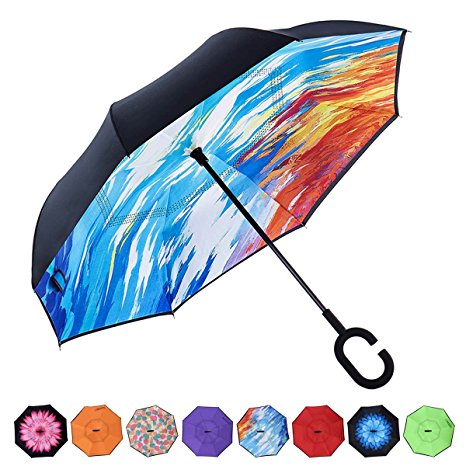 AmaGo Inverted Umbrella – Reverse Double Layer Long Umbrella, C-Shape Handle & Self-Stand to Spare Hands, Inside-Out Fold to Keep Cars & Drivers Dry, Carrying Bag for Easy Traveling