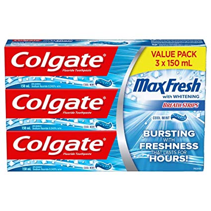 Colgate MaxFresh Toothpaste with Breath Strips, Cool Mint, 3 X 150 mL