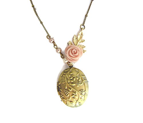 Flower Locket Necklace in antique gold and Blush Pink with small Gold Leaf and beige pearls