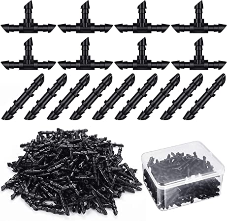 Zonon 200 Pieces Drip Irrigation Fittings Kit with Plastic Box, 100 Barbed Couplings 100 Tees Fittings Barbed Connectors for 1/4 Inch Tubing Garden Lawn Drip or Sprinkler Systems, Black