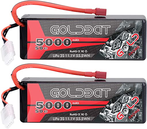 GOLDBAT 11.1V 5000mAh 3S 50C Lipo RC Battery Pack Hard Case with Deans T Connector for E-maxx Axial RC Car Truck Buggy Truggy Hobby (2 Pack)