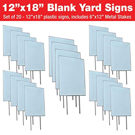 Visibility Signage Experts Blank Yard Signs 12x18 with 6x12 H-Stakes for Garage Sale Signs, for Rent, Open House, Estate Sale, Now Hiring, or Political Lawn Sign (20)