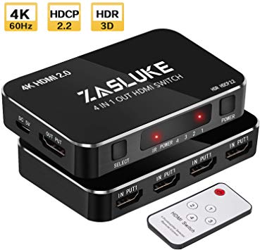 Zasluke HDMI Switch 4 in 1 Out, HDMI 2.0 Switcher with IR Wireless Remote, Support 4K@60Hz, Full HD 1080P, HDR, HDCP 2.2 for PS4, Nintendo, Xbox 360 and More