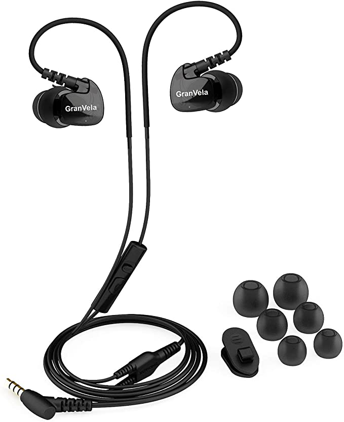 Granvela GV1 HD Classic Sports Earphones Waterproof Running Earbuds Wired with Mic,Memory Wire Earhooks and Clips - Black
