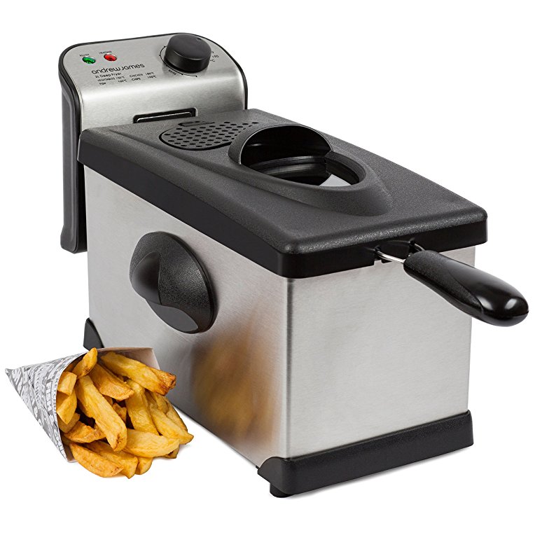 Andrew James Deep Fat Fryer, Easy Clean 3L Stainless Steel Fryer with Filter, Includes Recipe Suggestions