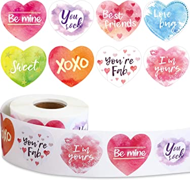 Zonon 600 Pieces Valentine Roll Stickers Watercolor Heart Shaped Self-Adhesive Labels Valentine's Day Decorative Sticker Heart Seals Decals Happy Valentines Day Wedding Party Decorations, 1.5 Inch