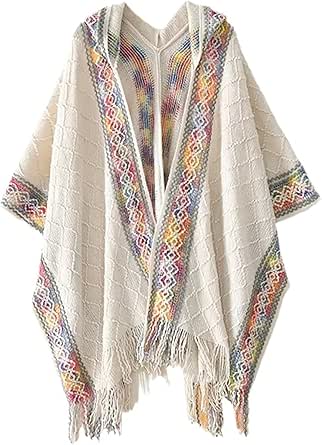 Bsubseach Knit Shawl Wraps for Women Soft Fringe Poncho Sweater Cape with Hooded for Fall Winter