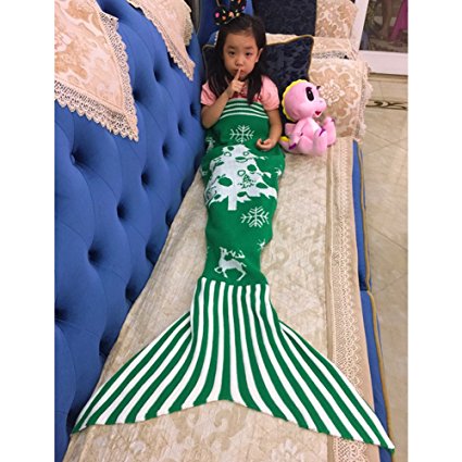 NOPTEG Christmas Gift Mermaid Tail Blanket Handmade Crocheted Living Room Sofa Blanket Xmas Sleeping Bag for Kids 59inch x31.5 inch(Green)