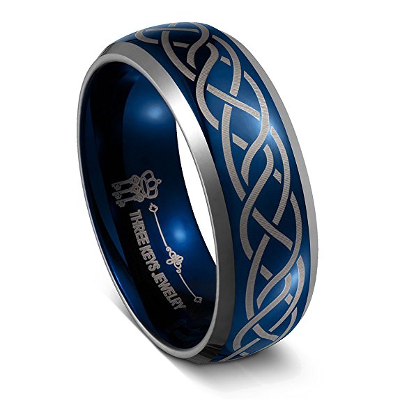 Three Keys Jewelry 8MM Tungsten Wedding Ring Blue Laser Celtic Knot Wedding Band Engagement Ring for Men