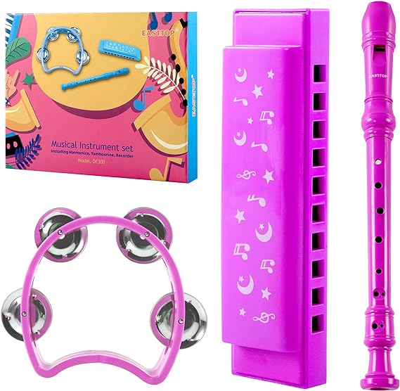 EAST TOP 3Pcs Recorder Musical Instrument Set Including Harmonica,Flute,Tambourine for Kids,Children,Students Playing As Gift, hot Pink