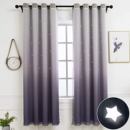 Hughapy Star Curtains Ombre Blackout Curtains for Kids Girls Bedroom Living Room Double Layer Star Cut Out Sparkle Blackout Gradient Window Curtains, 1 Panel - (42W x 63L, Grey)