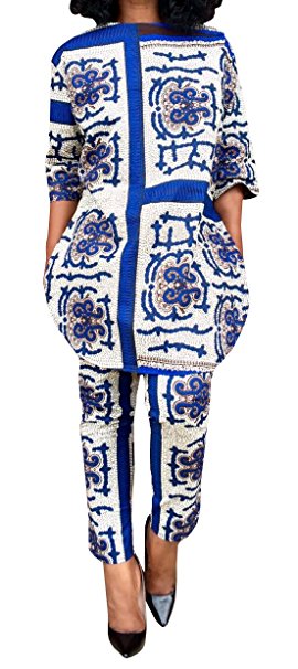 Ofenbuy Womens African Print Pocket 2 Pieces Outfit Crop Top Pants Suits