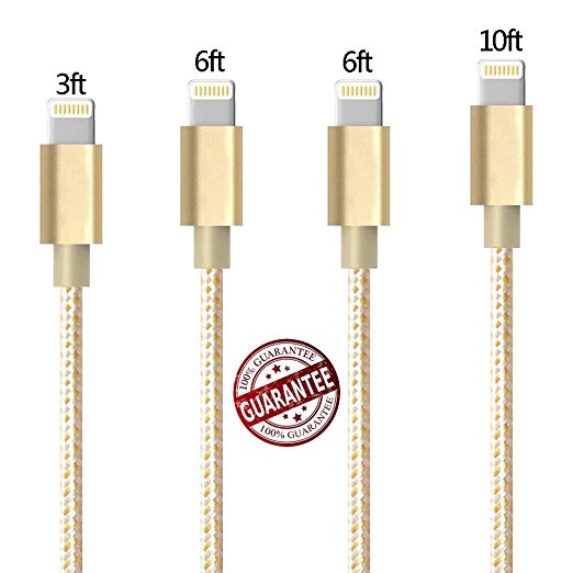 Zcen Lightning Cable, 4 Pack 3Ft 6Ft 6Ft 10Ft - Nylon Braided Cord iPhone Cable to USB Charging Charger for iPhone 7, Plus, 6, 6S, SE, 5S, 5, 5C, iPad, iPod - EarthGold