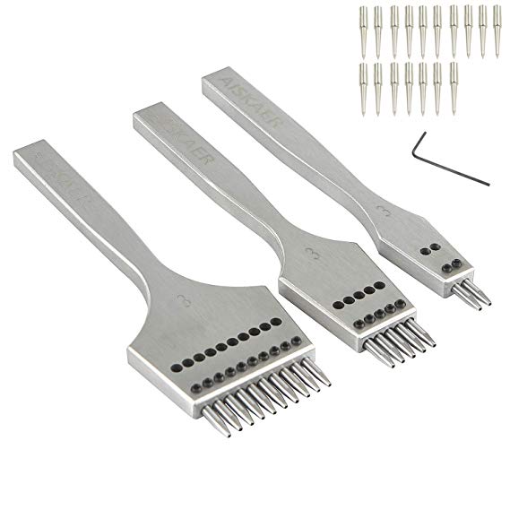 Aiskaer DIY Leather Tool Stainless Steel 2/5/10 Teeth Leather Chisel Craft Tools Leather Punching Tool Kit (3mm)