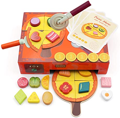 TOP BRIGHT 3 Year Old Girls Toy Pizza,Pizza Toy Food Set for Kids,Wooden Cutting Cooking Food Sets