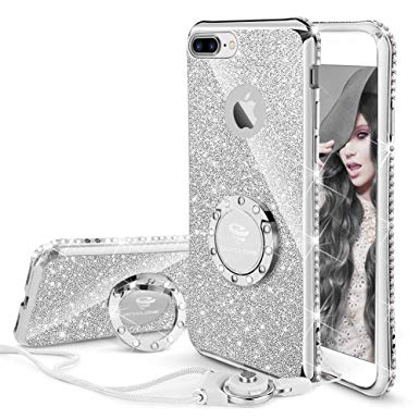 OCYCLONE iPhone 8 Plus Case, iPhone 7 Plus Case for Girl Women, Glitter Cute Girly Diamond Rhinestone Bumper with Ring Kickstand Protective Phone Case for iPhone 8 Plus / 7 Plus - Silver