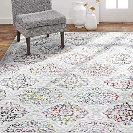 Home Dynamix Boho Andorra Transitional Damask Area Rug, Ivory/Pink, 7'9"x10'2"