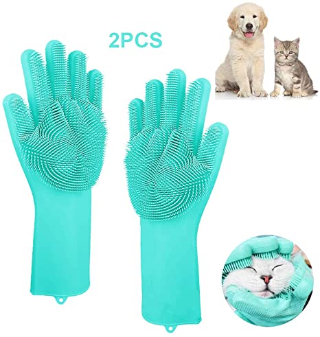 FenQan Cat Grooming Glove - Silicone Hair Remover Brush Glove Deshedding Brush with Enhanced Five Finger Design and High Density for Gentle and Efficient Pet Grooming Clean Massage (Blue)