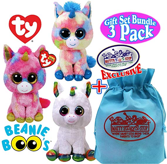 TY Beanie Boos "Unicorns" Blitz, Pixy & Fantasia Gift Set Bundle with Bonus "Matty's Toy Stop" Storage Bag - 3 Pack