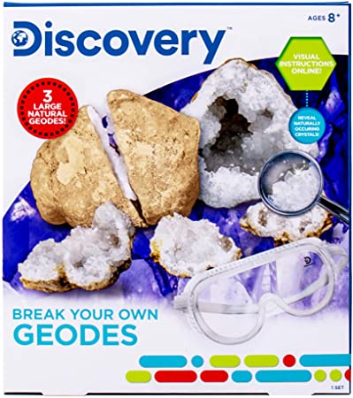 Discovery Break Your Own Geodes by Horizon Group USA,STEM Science Activity Kit.Break 3 Real Geodes & Discover Hidden Crystals.Learn Excavation Methods. Magnifying Glass, Safety Goggles & More Included