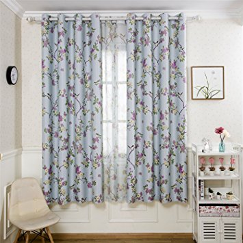 Room Darkening Curtains for Bedroom -Lucky Bird Vintage Printed Window Drapes with Flower Patterns, Metal Grommets Top, 2 panels (42" Wx84 L, BLUE)