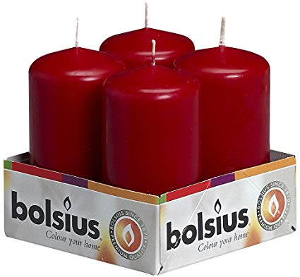 BOLSIUS Tray of 4 Red Pillar Candles - 7 Long Burning Hours Candle Set - 1.60 inch x 2.40 inch Dripless Candle - Perfect for Wedding Candles, Parties and Special Occasions