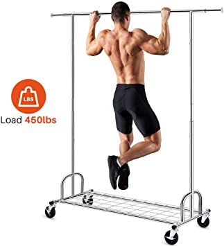 HOKEEPER Clothing Garment Rack with Shelves Capacity 450 lbs Clothing Racks on Wheels Rolling Clothes Rack for Hanging Clothes Heavy Duty Portable Collapsible Commercial Garment Rack Chrome