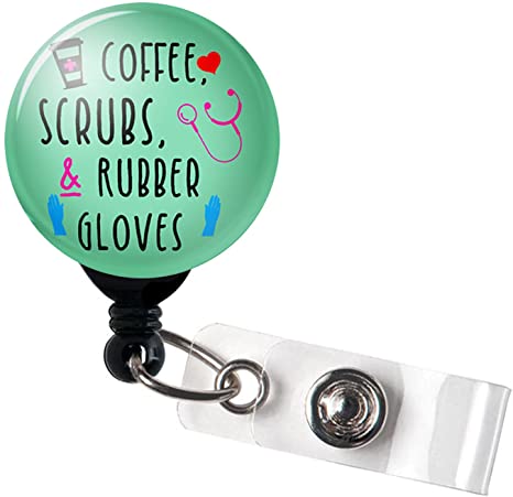 Coffee Scrubs and Rubber Gloves Nurse Badge Holder Retractable Funny Nurses ID Badge Reel Name Decorative with Alligator Clip for Nurse,Girls,Women, Teacher, Student, Volunteer Gifts (Green)