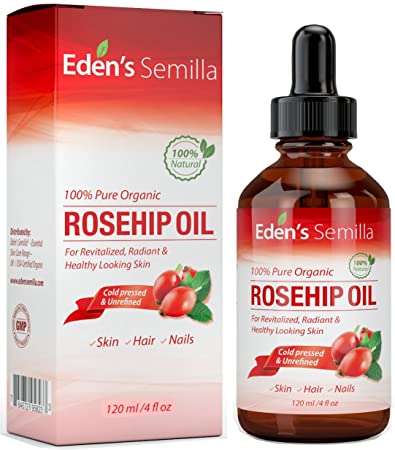 100% Pure Rosehip Oil - 4 OZ - Certified ORGANIC - Cold pressed & unrefined - NON Greasy HIGH absorbency - Use daily - Anti ageing, nourishes, hydrates and visibly reduces fine lines, scars, stretch marks and skin pigmentations - Suitable for all skin types - Eden's Semilla Essential Skin Care