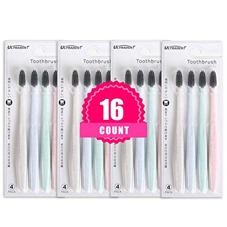 16 Counts Manual Toothbrush, Ultradent Biodegradable Eco-Friendly Natural Charcoal Soft Toothbrush - 4 Color Soft Bristle Compact Head Whitening Clean Toothbrushes for Adults, Protect Gums