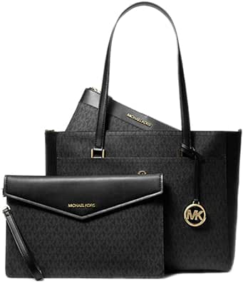 Michael Kors Maisie 3 In 1 Large Top Zip Tote Crossbody Pouch Wristlet MK Signature (Black)