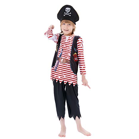 Boys Pirate Costume Set, Skull Crossbones Striped Caribbean Buccaneer Outfit, Captain Jack Pretend Play Suit (10-12Y)