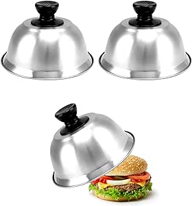 QWORK 6" Burger Covers Small Cheese Melting Dome, 3 Pack Stainless Steel Food Cover for Burger, Steak