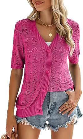 Zeagoo Women's Short Sleeve 2024 Summer Crochet Cropped Cardigan V Neck Button up Bolero Shrug Sweater