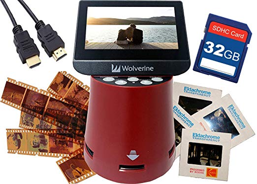 Wolverine Titan 8-in-1 20MP High Resolution Film to Digital Converter with 4.3" Screen and HDMI Output, Worldwide Voltage 110V/240V AC Adapter, 32GB SD Card & 6ft HDMI Cable Bundle (Red)
