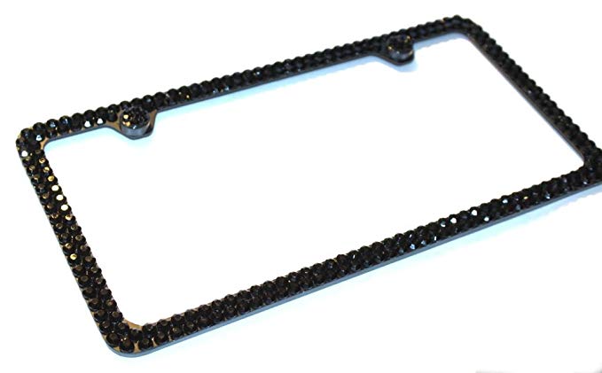 Hotblings 2 Row FULL BLACK CRYSTAL Bling Rhinestone Sparkle (on BLACK) Metal License Plate Frame & Caps