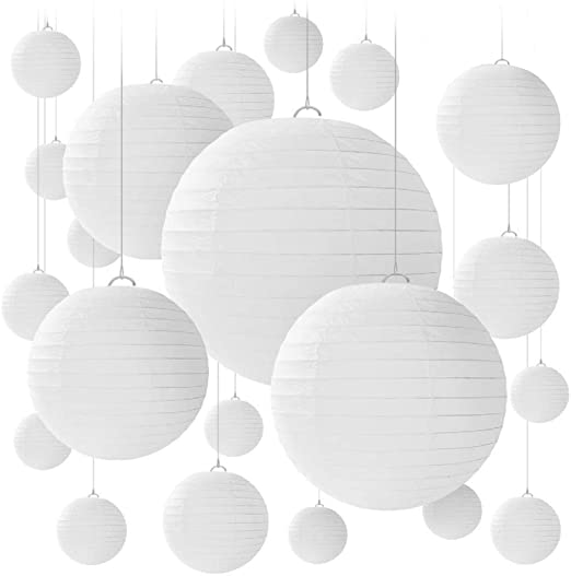 20 PCS Colorful Round Paper Lanterns with Wire Ribbing, Different Sized Lampshades for Weddings, Birthdays,Parties, Rooms and Events - Assorted Sizes of 15, 20, 25, 30 cm(White)