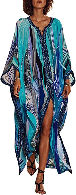 Bsubseach Women Blue Print Half Sleeve Beach Kaftan Dresses Side Spilt Swimsuit Cover Ups for Swimwear