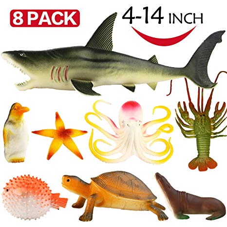 Ocean Sea Animal, 4-14 Inch Large Vinyl Plastic Animal Toy Set(8 Pack), Funcorn Toys Realistic Under The Sea Life Figure Bath Toy for Child Toddler Educational Party Favors ,Octopus Shark Turtle