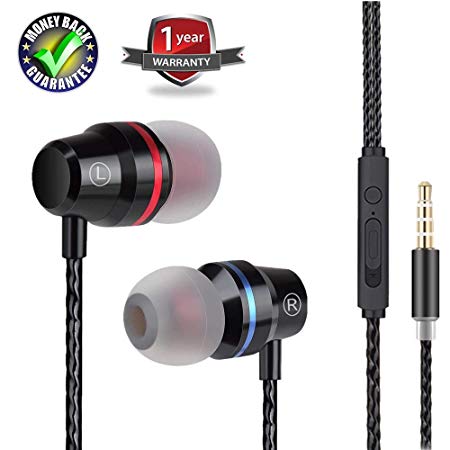 Earbuds Ear Buds Earphones in Ear Headphones Stereo with Microphone Mic and Volume Control Wired Waterproof for iPhone Samsung Android Smartphones Mp3 Players Tablet Laptop 3.5mm Audio (Black)