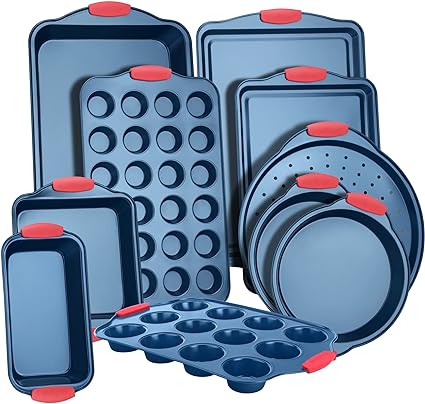 NutriChef 10-Piece Nonstick Bakeware Set - PFOA, PFOS, PTFE-Free Carbon Steel Baking Trays w/Heatsafe Silicone Handles, Oven Safe Up to 450°F, Pizza Loaf Muffin Round/Square Pans, Cookie Sheet