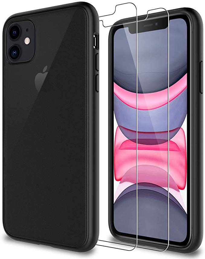 LK iPhone 11 Case with 2 Pack Tempered Glass Screen Protector [Acrylic Back and TPU Bumper], [Shock-Absorption] [Full Protection] Cover - Translucent Matte Black