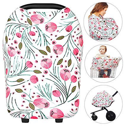 Nursing Cover, VOLUEX 5 in 1 Breastfeeding Cover Baby Car Seat Canopy Covers Stroller Shopping Carts, 100% Cotton Stretchy Breathable Baby Protection Cover Privacy Feeding Cover for Mom Wife