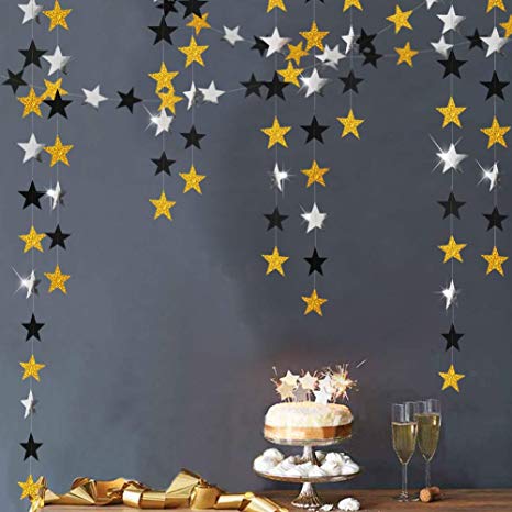 Glitter Gold and Black star Garlands kit for Party Decorations Silver Hanging Twinkle Bunting Banner/Streamers/Backdrop/Background for Baby Shower/Birthday/Wedding/Graduation/New Year's Celebration