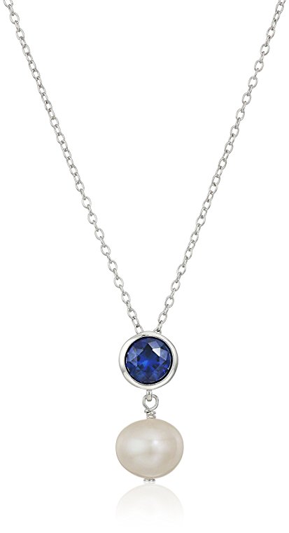Sterling Silver Bezel Set Birthstone and White Freshwater Cultured Pearl Drop Pendant Necklace, 18"