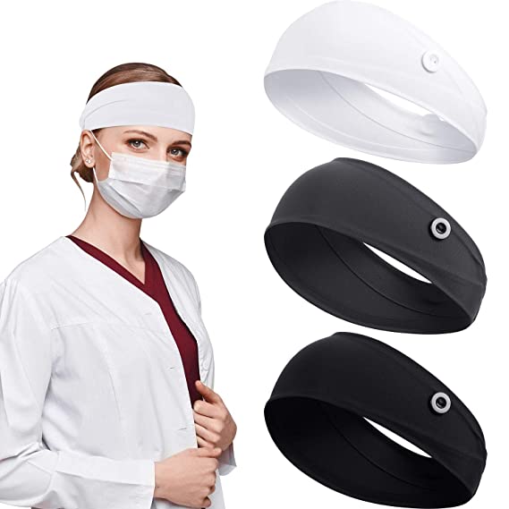 3 Pieces Button Headband Headwrap Ear Protection Holder Stretchy for Face Cover, Multifunctional Hair Band with Buttons for Nurse Doctor People Wearing Face Covers (Black, White and Dark Gray)