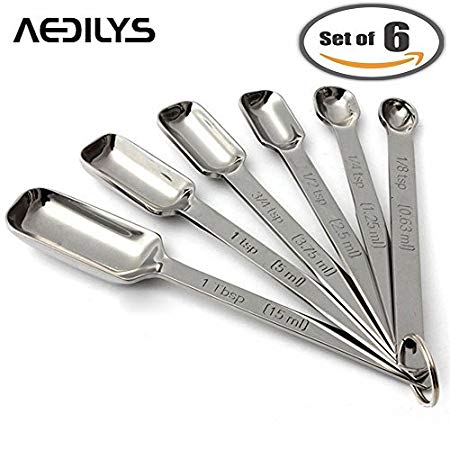 AEDILYS Set of 6 Best Measuring Spoons for Dry & Liquid Ingredients - Narrow Shape to Fit in Spice Jars - Perfect for Baking & Cooking -Professional Quality with Engraved U.S & Metric Sizes